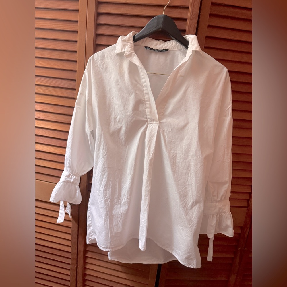 Zara White Button Down Blouse with Cuffed 3/4 Sleeves